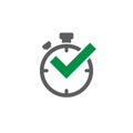 Black stop-watch with green tick. Flat line icon isolated on white.