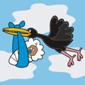 Stork and baby boy, humorous vector illustration Royalty Free Stock Photo