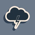 Black Storm icon isolated on grey background. Cloud and lightning sign. Weather icon of storm. Long shadow style. Vector