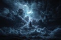 Black stormy sky with thunder and lightning, thunderstorm background. dark clouds before rain. a powerful thunderous downpour Royalty Free Stock Photo