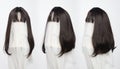 Black straight short  hair wig on mannequin head over white background isolated, set of three Royalty Free Stock Photo