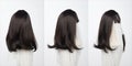 Black straight short  hair wig on mannequin head over white background , set of three Royalty Free Stock Photo