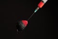 Black strawberry and a syringe with red paint Royalty Free Stock Photo