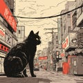 Black stray cat sitting alone on a street of Tokyo