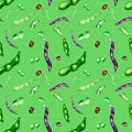 Black string beans, green haricot watercolor seamless pattern