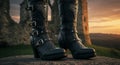 Black Studded High Heel Boots at Sunset Ruins Royalty Free Stock Photo