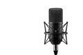 Black studio microphone with protection on a white background. Space for text. Royalty Free Stock Photo
