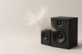 Black studio music speakers with a sound wave effect on a neutral background. Space for text. Royalty Free Stock Photo