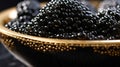 Black sturgeon caviar, luxurious delicacy appetiser. Roe in glass jar, close-up. Vintage golden concept. Generative AI
