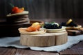 Black sturgeon caviar and pieces of salmon on pancakes on a wooden plate close-up Royalty Free Stock Photo