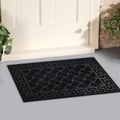 Black Stylish Zig-Zag patterned with motif border welcome entry door mat with yellow flowers and leaves Royalty Free Stock Photo