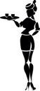 Black stylized silhouette. Flight attendant on a plane with two cups of hot aromatic coffee on a tray. Logo