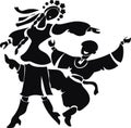 Black stylized silhouette. Ukrainian folk dance. A girl and a guy dance hopak in national Ukrainian costumes.