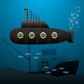 Black submarine sails underwater. Sunken ship on the seabed. Cartoon image. Vector illustrations.