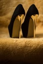 Black suede shoes with high gold heels.