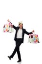 The black suit man holding plastic bags isolated on white Royalty Free Stock Photo