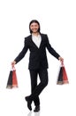 Black suit man holding plastic bags isolated on white Royalty Free Stock Photo