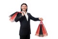 Black suit man holding plastic bags isolated on white Royalty Free Stock Photo