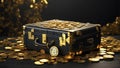 Black suitcase full of gold bitcoins cryptocurrency concept