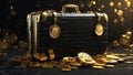 Black suitcase full of gold bitcoins cryptocurrency concept
