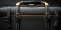 A black suitcase with gold handles on a black background, AI Royalty Free Stock Photo