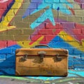 Suitcase in front of graffiti wall