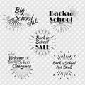 Black Sun Burst and Retro Logo. Set of Back to School Typographic - Vintage Style Back to School Hot Deals Design Layout. Vector Royalty Free Stock Photo