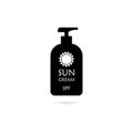 Black Sun cream bottle icon or logo, isolated on white, Sunscream Protection Cosmetics