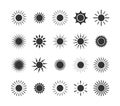 Black sun icons. Sunlight burst shapes like weather or summer symbol. Cute sunshine icon. vector isolated