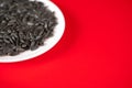 Black sunflower seeds on a red background. Top view. Copy space for yor inscription Royalty Free Stock Photo