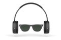 Black sunglasses and headphones. Listening to music concept