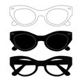 Black sunglasses set. Flat sunglasses symbol on white background. Modern style glasses rim silhouette. Stylish male and female Royalty Free Stock Photo