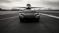 Black supercar and private jet on a majestic landing strip, Generative AI