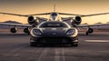 Black supercar and private jet on a majestic landing strip, Generative AI