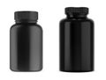 Black supplement bottle. Medicine pill container, plastic jar