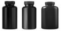 Black supplement pill bottle set. Medical capsule container