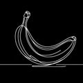 On a black surface lies a single banana, gracefully curved and elongated, portrayed through a line drawing.
