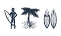 Black Surfing Silhouette with Palm Tree and Man with Surfboard Vector Set