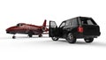 Black SUV limousine with a private jet