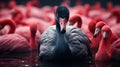 A Black Swan Circled by a Flock of Flamingos at Water Pond on Selective Focus Background