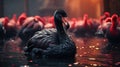 A Black Swan Circled by a Flock of Flamingos at Water Pond on Selective Focus Background