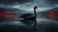 A Black Swan Circled by a Flock of Flamingos at Water Pond on Selective Focus Background