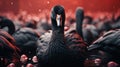 A Black Swan Circled by a Flock of Flamingos at Water Pond on Selective Focus Background