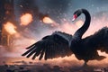 A black swan in front of an unexpected explosion