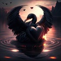 Black Swan hugging heart Black swan in love with a heart on the lake at sunset. generative AI animal ai Royalty Free Stock Photo