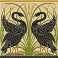 Black swan and reeds decorative border pattern on light background. Vector illustration.