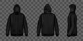 Black sweatshirt with zipper, hood and pockets front, back and side view. Vector realistic mockup of male. Royalty Free Stock Photo