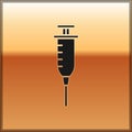 Black Syringe icon isolated on gold background. Syringe for vaccine, vaccination, injection, flu shot. Medical equipment