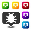 Black System bug concept icon isolated on white background. Code bug concept. Bug in the system. Bug searching. Set Royalty Free Stock Photo