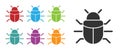 Black System bug concept icon isolated on white background. Code bug concept. Bug in the system. Bug searching. Set Royalty Free Stock Photo